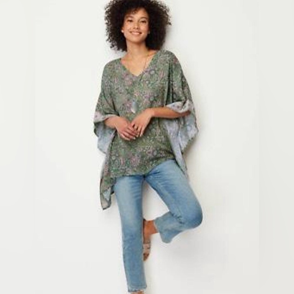 NWT! Womens J.Jill Woodcut Jacobean-Printed Poncho Garden Green Multi S/L